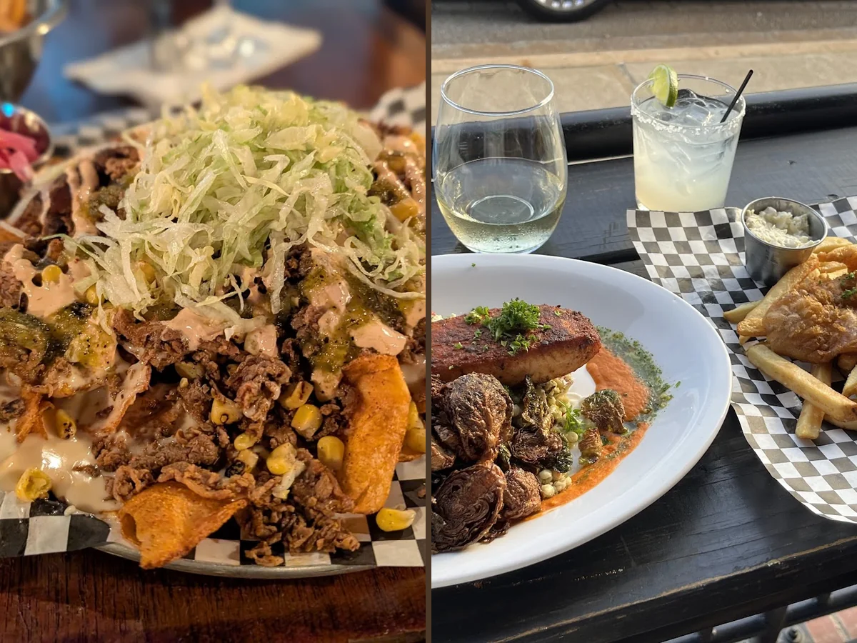 Drinks, plates, and relaxed seating inside a Rock Hill bar.